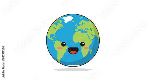 A kawaii-style cartoon of the planet Earth with a happy, smiling face and blushing cheeks, floating on a white background.