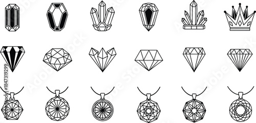 Collection of gemstone and crystal outline icons, diamond shapes and jewelry pendants, luxury decorative line art set for elegant design projects