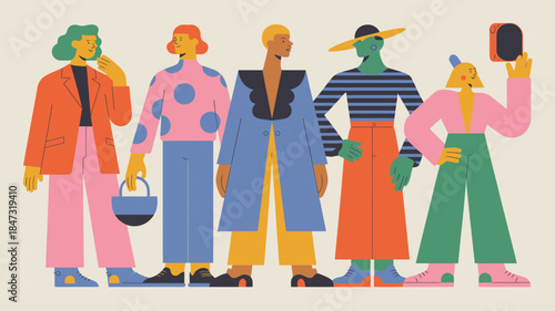 Five diverse women stand together in colorful fashion with unique accessories and hairstyles