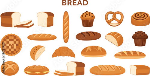 Collection of assorted bread, pastries, muffins, croissants, baguettes, and bakery items illustrated in flat style for food design and branding