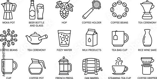 Coffee and tea line icons set for beverage brewing moka pot beans french press dripper beer milk sake ceremony