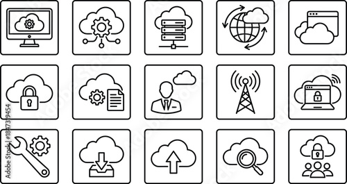 Cloud computing line icons set, with data storage security network upload download technology symbols vector illustration
