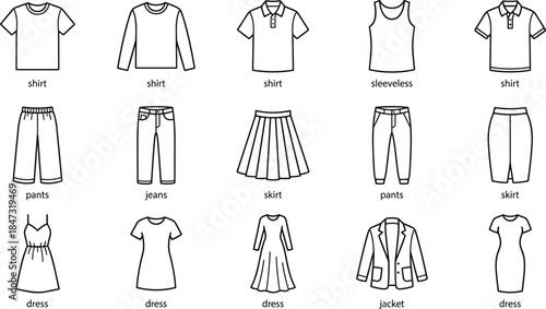 Clothing and fashion outline icon set, shirts pants dresses skirts jackets minimal vector illustration for wardrobe apparel design collection modern