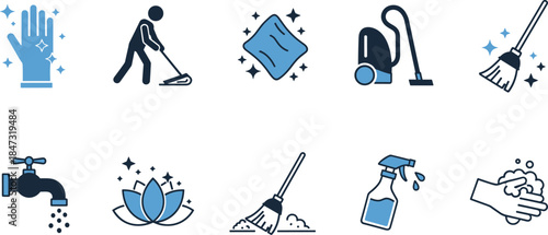 Cleaning service icons set showing hygiene tools, housekeeping equipment, sanitizing symbols, handwashing, vacuuming, dusting, cleanliness and home maintenance illustration