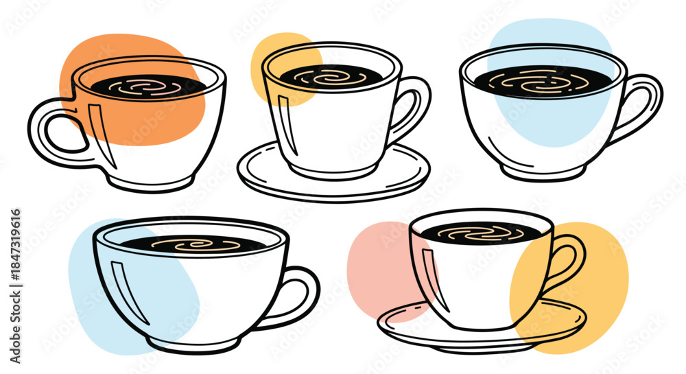 Obraz premium Set of five hand-drawn coffee cups in a doodle sketch style with colorful abstract shapes, perfect for cafe or menu designs.
