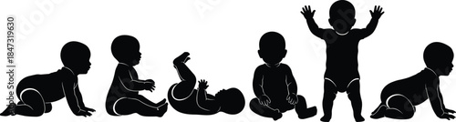 Cute Baby and Infant Silhouettes Set, Vector Collection of Newborns Crawling, Sitting, Playing, Lying Down, Black Shape, Childhood Development.