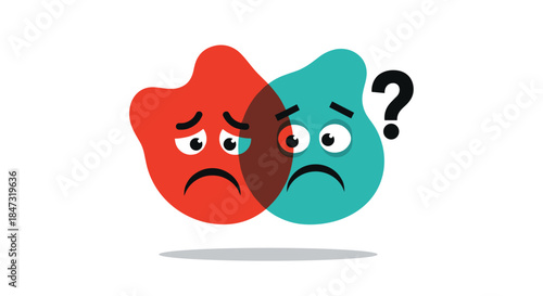 Two overlapping sad and confused cartoon faces illustrating mixed emotions, confusion, or a mental health concept like bipolar.