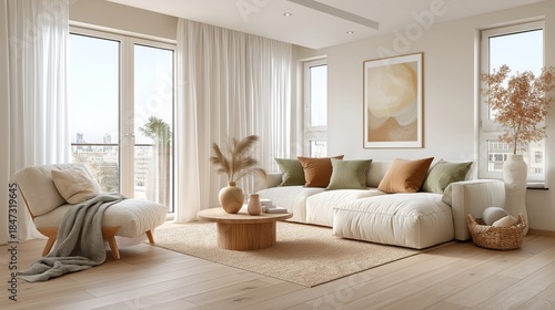 Residential interior design, modern living room furniture, home real estate concept with sofa, armchair, table, and decorative elements. Contemporary apartment styling, property marketing, housing 