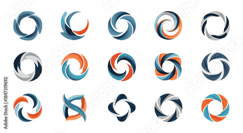 Set of fifteen abstract circular swirl and vortex logo templates in modern blue and orange colors, ideal for corporate branding.