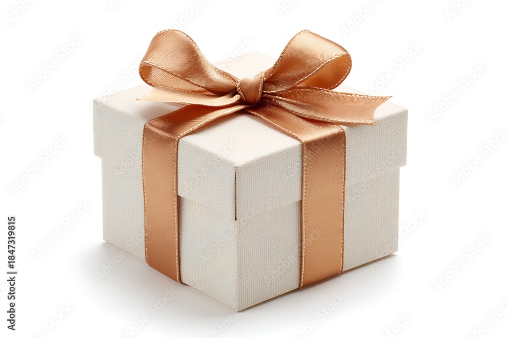Obraz premium Elegant white gift box with shiny golden ribbon and bow on a white background, perfect for Christmas, birthday, or anniversary present.