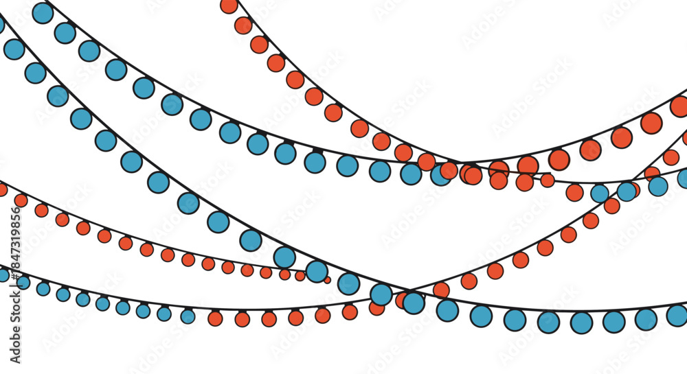 Fototapeta premium Draped strings of festive party lights with alternating red and blue bulbs, creating a simple and celebratory background design.