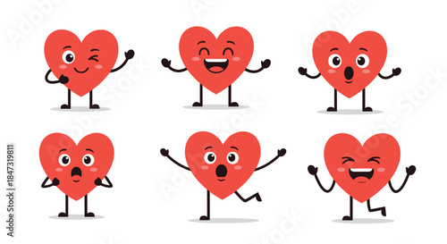 Set of six adorable red heart characters with cute faces and different expressions like smiling, winking, and being surprised.
