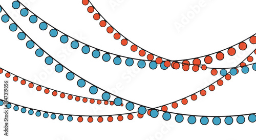 Draped strings of festive party lights with alternating red and blue bulbs, creating a simple and celebratory background design.