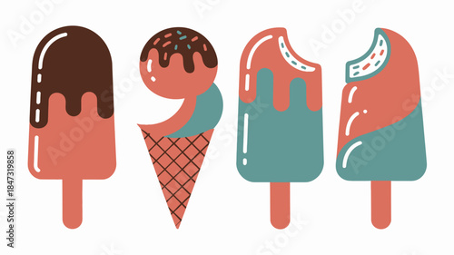 Four delicious and refreshing ice cream desserts including popsicles and a cone on a clean white surface