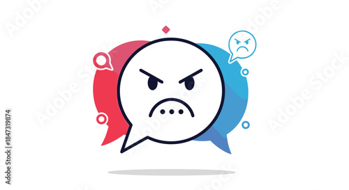 Angry face emoticon inside colorful speech bubbles representing negative feedback, online arguments, or customer complaints.