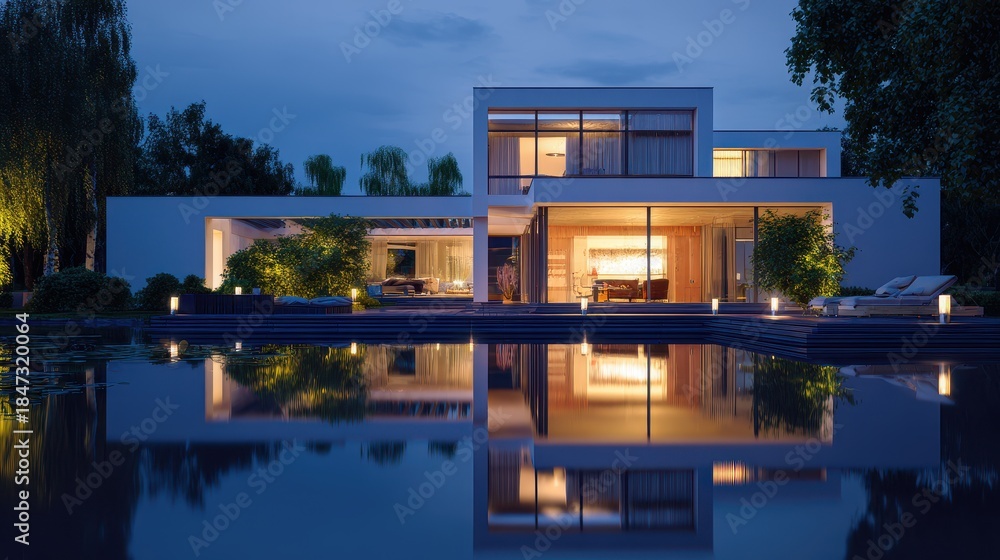 Fototapeta premium A stunning modern luxury home illuminated at twilight reflecting gracefully upon tranquil waters offering serene upscale living
