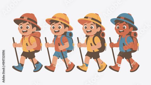 Four happy cartoon children with backpacks and hats are walking outdoors with trekking poles