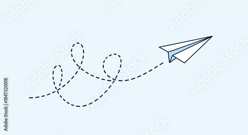 White paper airplane flying in a loop along a dotted line path, symbolizing travel, creativity, messaging, and freedom.