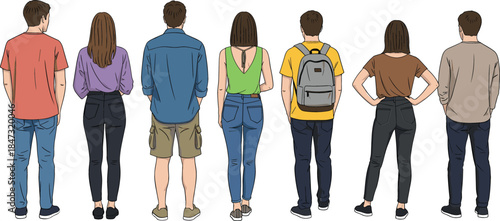 Group of Young People Standing with Backs to Viewer Vector Illustration, Showing Casual Clothing, Diversity, and Crowd Concept