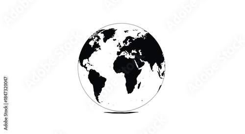 Simple black and white silhouette icon of planet Earth with a drop shadow, representing the globe, world, or international concepts.