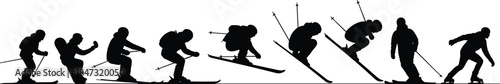 Dynamic Skiing Silhouettes Collection, Vector Set of Skiers Jumping, Skidding, Snowboarding, Winter Sport, Action, Extreme Sports, Full Body View, Black Shape.