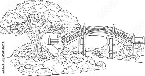Traditional Japanese Garden Line Art Vector Illustration with Arching Wooden Bridge, Large Tree, River, and Zen Rock Formation