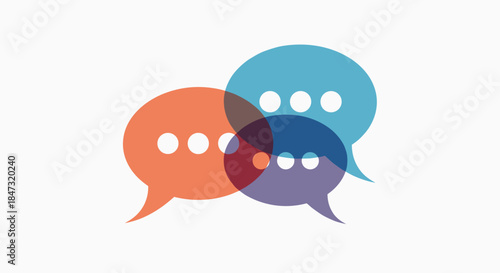 Three colorful overlapping speech bubbles symbolizing conversation, brainstorming, community discussion, or social media interaction.