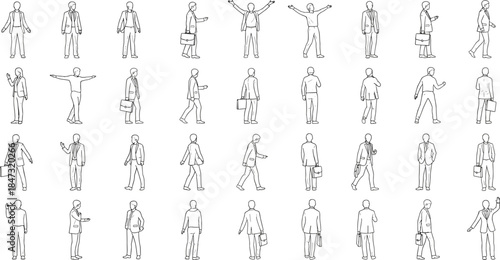 Large Collection of Businessmen Line Art, Vector Outline Set, Corporate Men in Suits, Various Poses, Walking, Standing, Isometric View, Full Length.