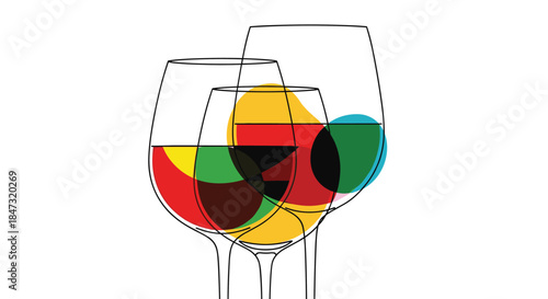 Modern abstract art of three overlapping wine glasses with colorful geometric shapes, ideal for a winery, bar, or menu design.