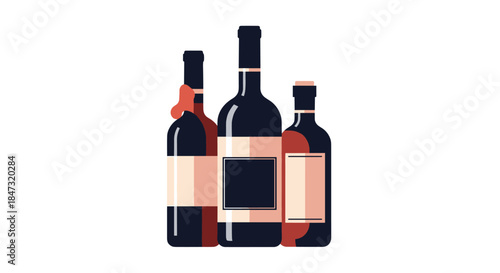 Collection of three red wine bottles with simple, elegant labels, presented in a clean and modern flat design illustration.