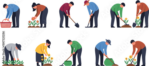 Gardening People Flat Illustration Set, Vector Collection of Men and Women Planting Flowers, Working, Digging, Farming, Horticultural Hobbies.