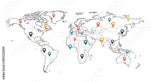 World map with colorful location pins and dotted lines connecting them, visualizing global networks, travel, or logistics.
