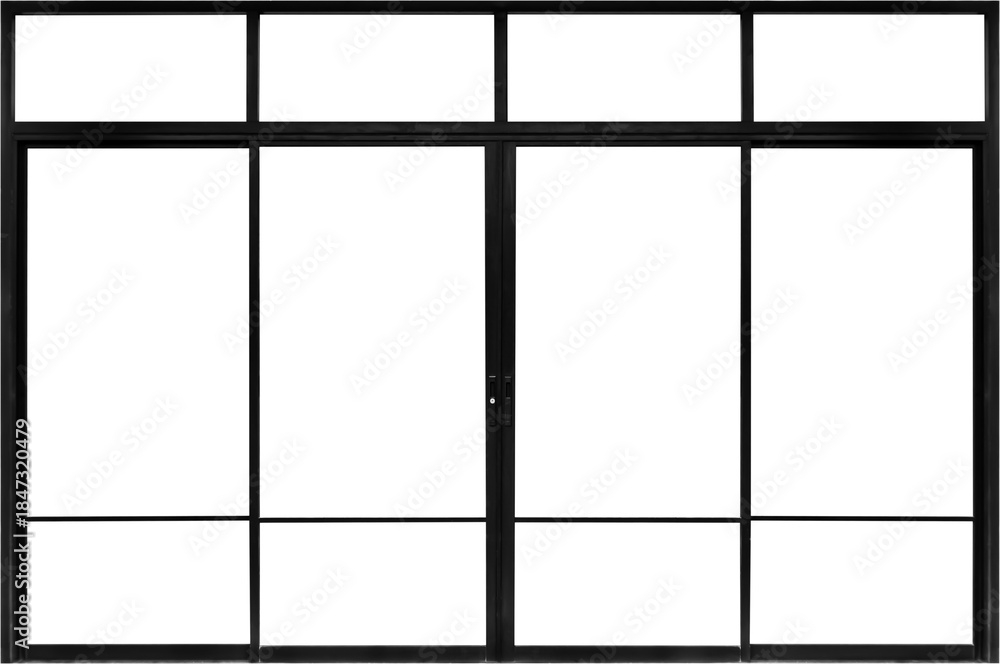 Obraz premium Real modern black store front double glass door window frame isolated on white background