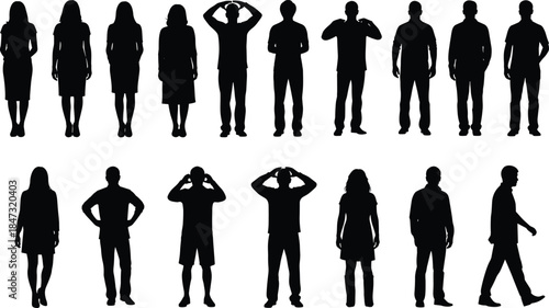 Large vector set of diverse standing human silhouettes, including men and women in various casual and business outfits, isolated on white.