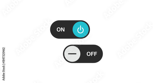 Modern on and off toggle switch buttons in a flat design, used for user interfaces in applications and websites to activate or deactivate.