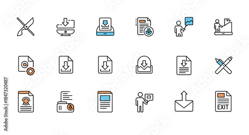 A large collection of colorful line icons related to documents, downloading, uploading, and file management for web and app design.
