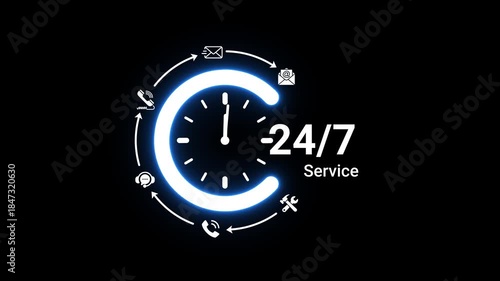 Illuminated blue neon clock surrounded by communication and text 24-7 Service on a deep black background representing non-stop operational availability and customer assistance Keywords: 24/7