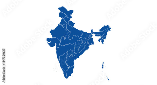 Detailed blue silhouette map of India showing all of its states and union territories, isolated on a white background.
