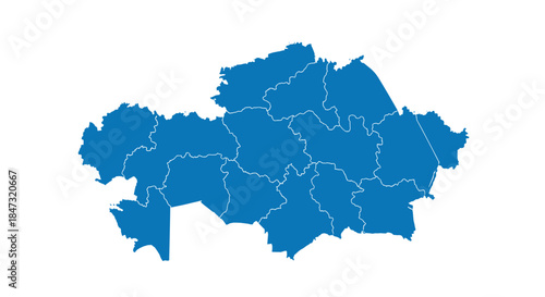 A blue silhouette map of Kazakhstan showing the borders of its regions, isolated on a white background for various uses.