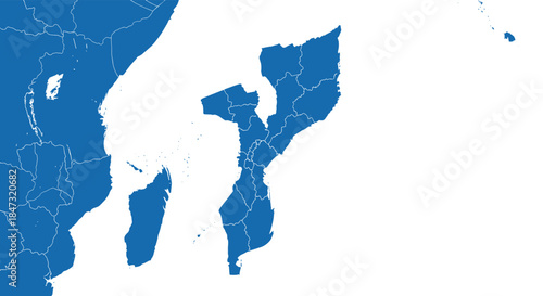 Map of southeastern Africa focusing on Mozambique, with its provinces outlined in white on a blue silhouette of the country.