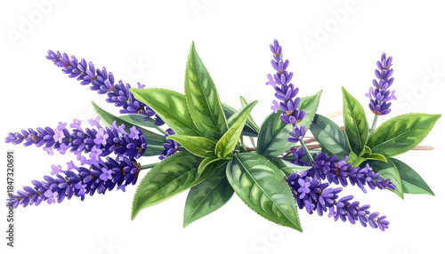 Digital illustration of lavender sprigs with purple flower spikes and green leaves, on black background