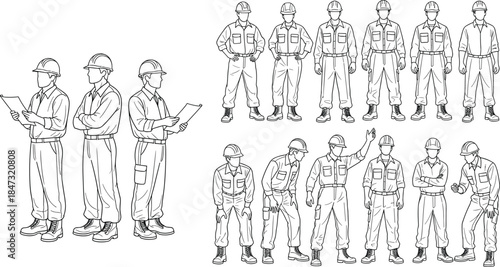 Professional Construction Workers Line Art Collection, Vector Outline Illustration Set, Engineers and Builders in Safety Gear, Various Poses, Job, Occupation.