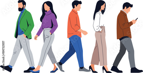 Group of Diverse Contemporary People Walking in Profile Vector Illustration, Representing Modern Casual Fashion and Urban Life