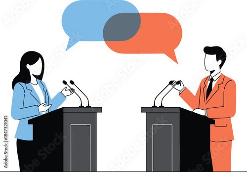 Vector Illustration of Man and Woman Debating at Podiums with Speech Bubbles, Representing Political or Business Discussion