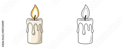 Vector illustration of a thick burning candle with melting white wax dripping down the sides in two styles a color drawing and a black outline design