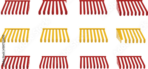 Set of Red and Yellow Striped Awnings, Vector 3D Collection, Sun Shades in Different Angles, Shop Canopy, Outdoor Market, Isolated.
