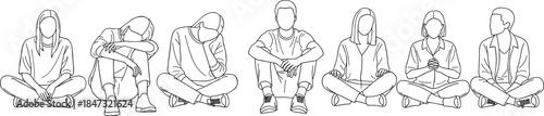 Set of seven line art vectors showing people sitting cross-legged on the floor in various casual and pensive poses, isolated on white.