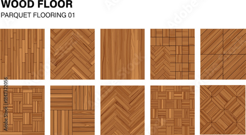 Vector set of ten seamless wood parquet flooring patterns, featuring various plank and herringbone designs, for interior and architectural backgrounds.