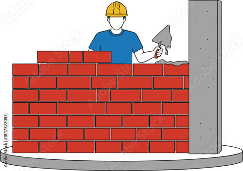 Construction Worker Laying Bricks on a Wall Foundation Vector Illustration for Masonry Work, Building Trade, and Engineering Project