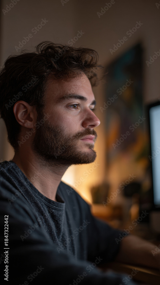 Fototapeta premium Focused freelancer, home office, computer, beard, casual